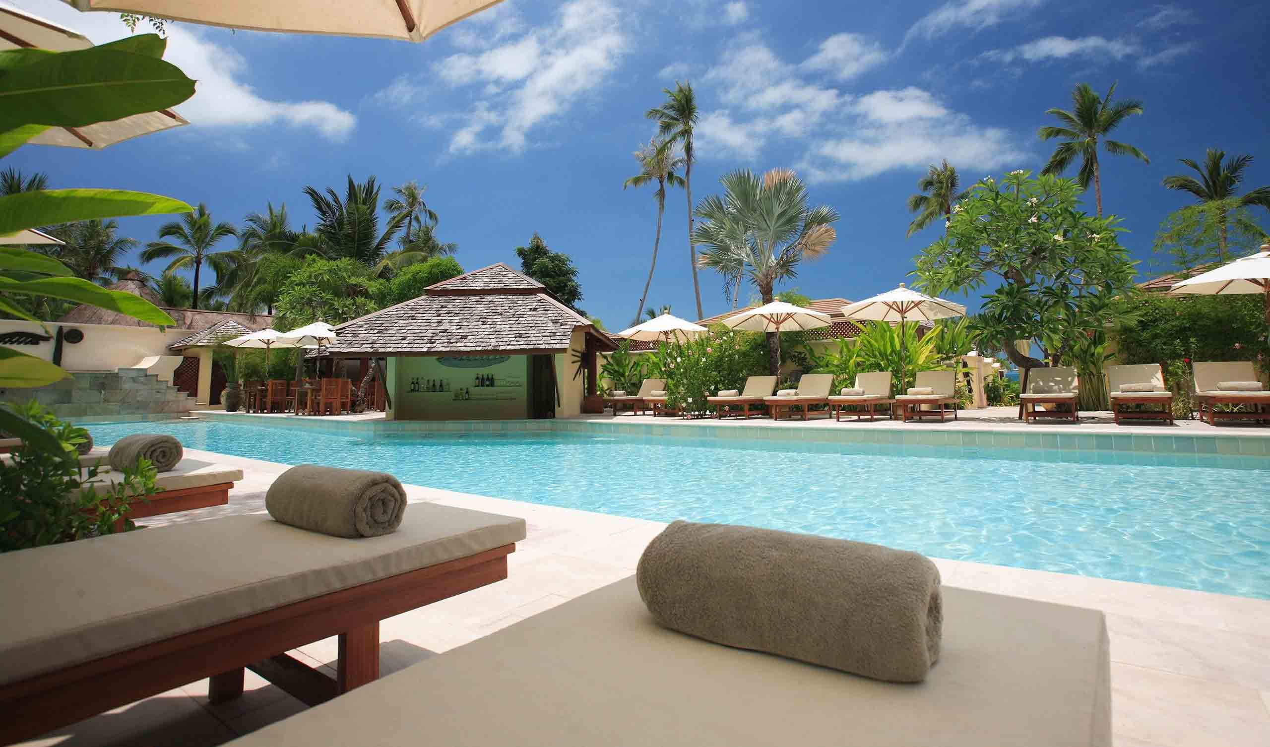 umbrellas and sunbeds by the pool